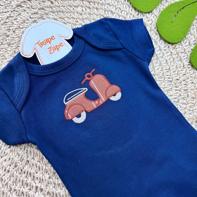 Conj body Lambreta Marinho e Short Listrado Marrom